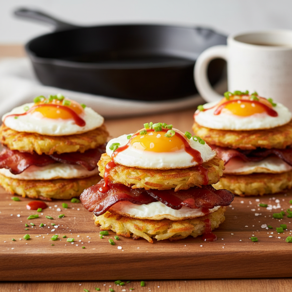 Savory Bacon, Egg & Hash Brown Stacks recipe