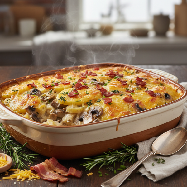 Savory Bacon and Cheddar Mushroom Scalloped Potatoes recipe