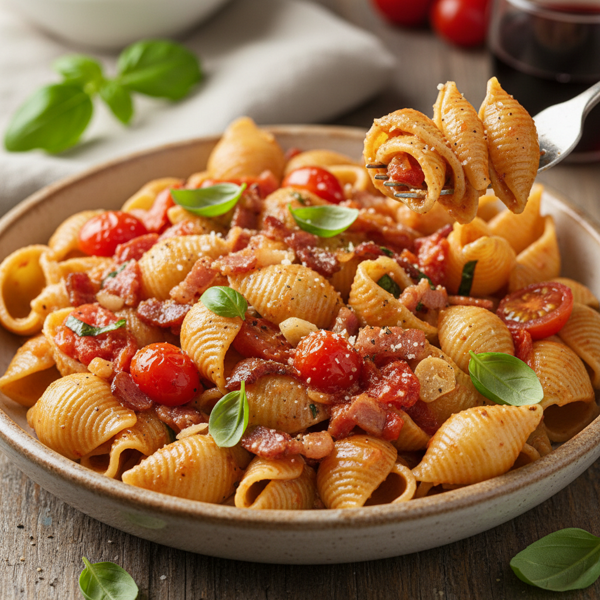 Savory Bacon and Tomato Shell Pasta recipe