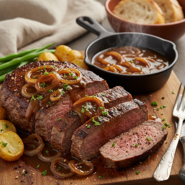 Savory Baked Beef Round Steak with Onion Gravy recipe