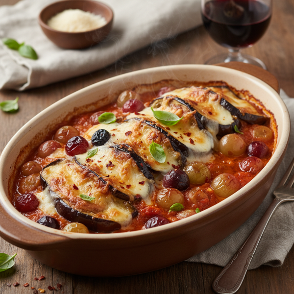 Savory Baked Eggplant Parmesan with Tomato-Grape Sauce recipe