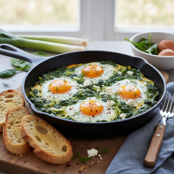 Savory Baked Eggs with Creamy Spinach and Leeks recipe