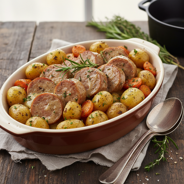 Savory Baked Farmer’s Sausage with Herb-Infused Potatoes and Carrots in Creamy Gravy recipe