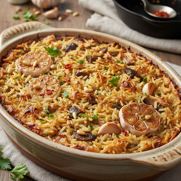 Savory Baked Garlic Rice Pilaf with Crunchy Edges recipe
