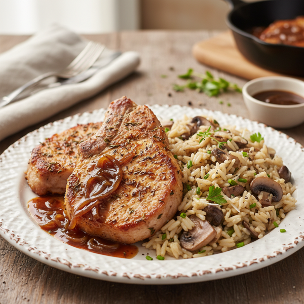 Savory Baked Pork Chops with Mushroom Rice recipe