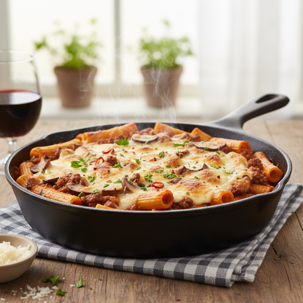 Savory Baked Rigatoni with Ground Beef and Mushroom Medley recipe