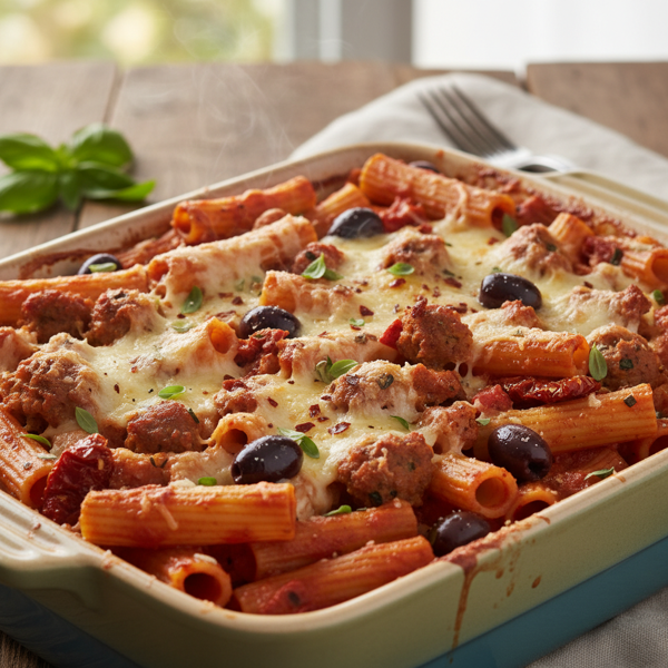 Savory Baked Rigatoni with Kalamata Olives and Italian Sausage recipe