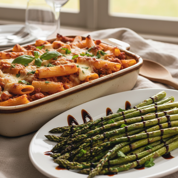 Savory Baked Rigatoni with Roasted Asparagus and Balsamic Glaze recipe