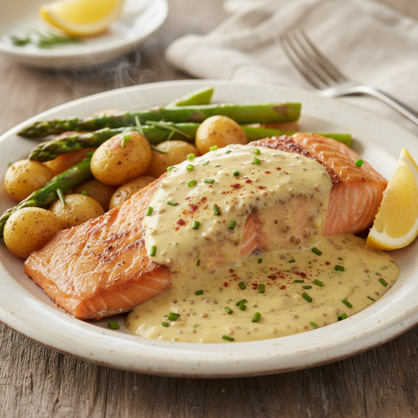 Savory Baked Salmon with Rich Creole Mustard Cream Sauce recipe