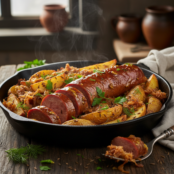 Savory Baked Summer Sausage with Potatoes and Sauerkraut recipe