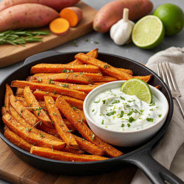Savory Baked Sweet Potato Fries with Zesty Garlic Lime Dip recipe