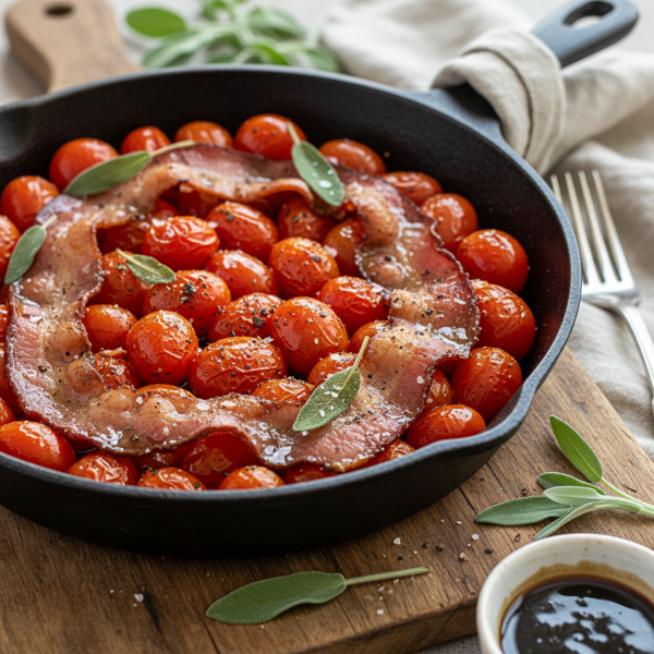 Savory Balsamic Grape Tomatoes with Crispy Bacon and Sage recipe
