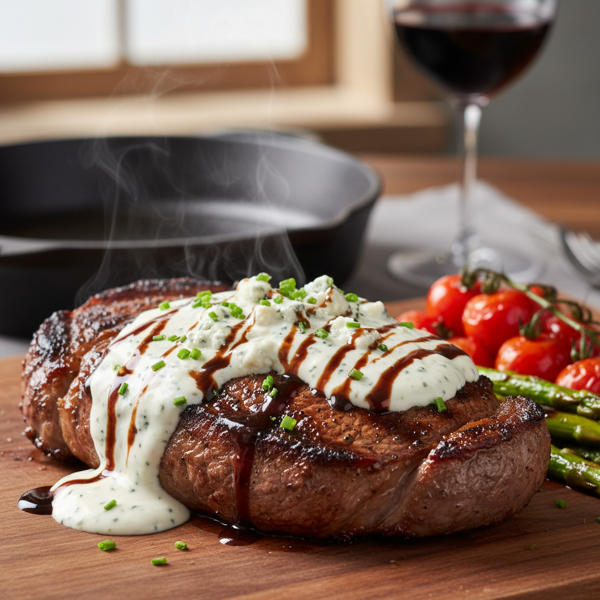 Savory Balsamic Marinated Rib-Eye Steak with Creamy Bleu Cheese Drizzle recipe