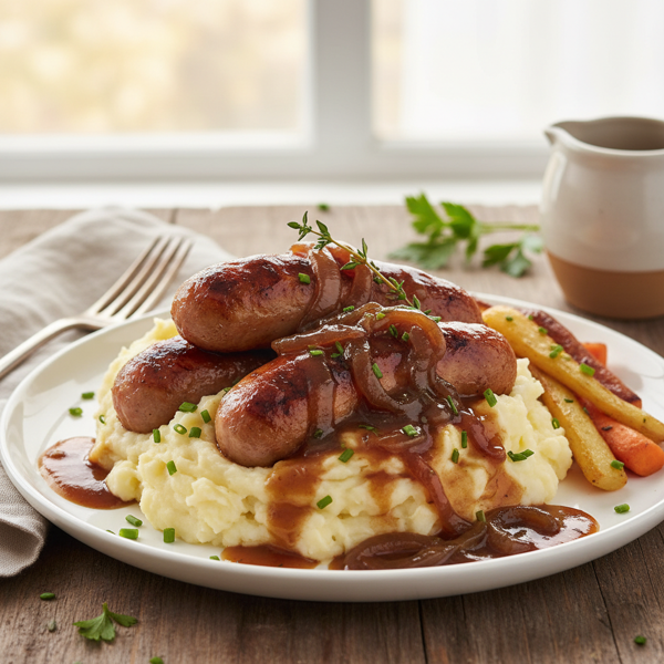 Savory Bangers and Creamy Mash with Rich Onion Gravy recipe