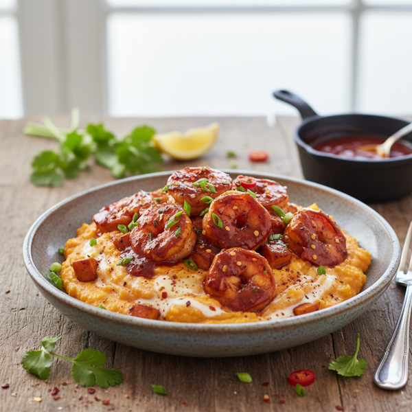 Savory Barbecue Shrimp Over Creamy Sweet Potato Grits recipe