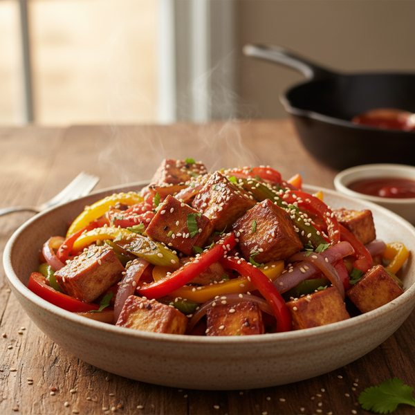 Savory Barbecue Tofu Stir-Fry with Peppers and Onions recipe