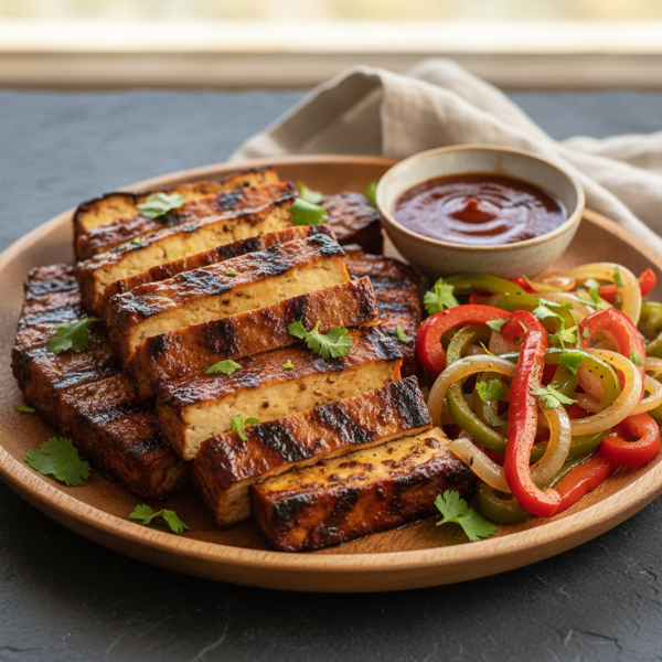 Savory Barbecue Tofu with Sautéed Onions and Peppers recipe