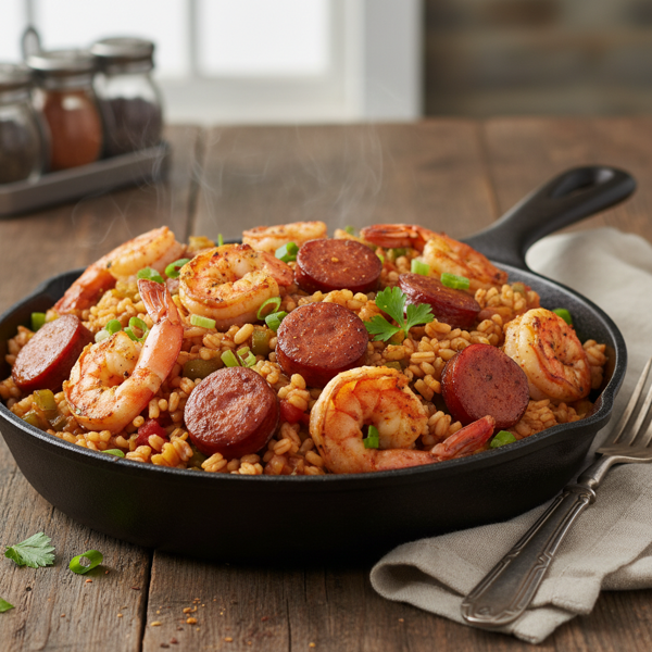 Savory Barley Jambalaya with Sausage and Shrimp recipe