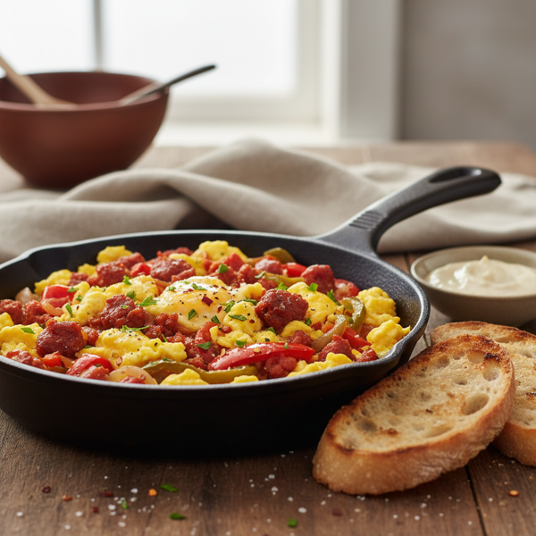 Savory Basque Scramble with Chorizo and Peppers recipe