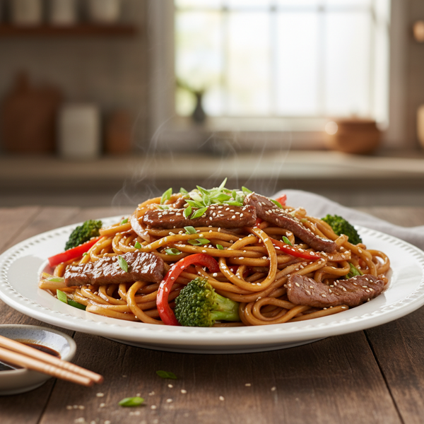 Savory Beef Lo Mein with Vegetables recipe