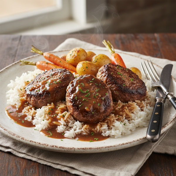 Savory Beef Patties with Rice and Rich Gravy recipe