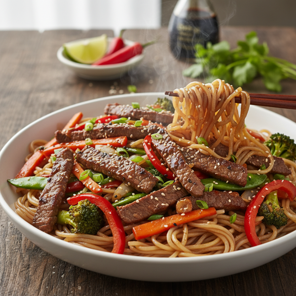 Savory Beef Stir-Fry with Vegetables and Rice Noodles recipe