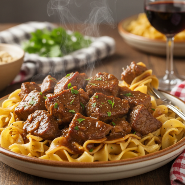 Savory Beef Tips Over Noodles recipe