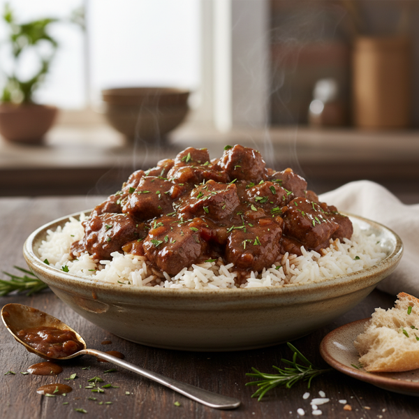Savory Beef Tips in Rich Gravy with Rice recipe