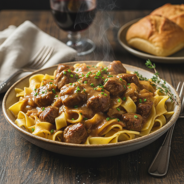 Savory Beef Tips with Noodles in Rich Gravy recipe