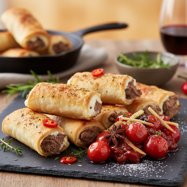 Savory Beef and Cream Cheese Rolls with Spiced Crab Apple Garnish recipe