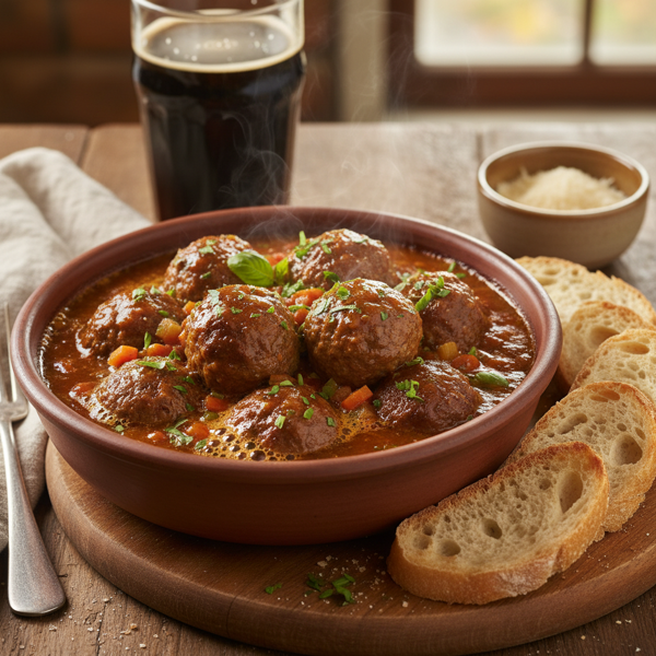 Savory Beer-Braised Meatballs in a Rich Tomato Sauce recipe