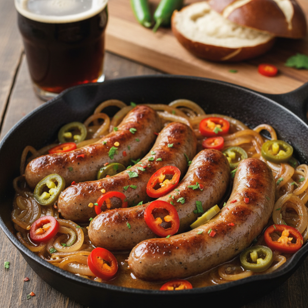 Savory Beer Brats with Sautéed Onions and Spicy Peppers recipe