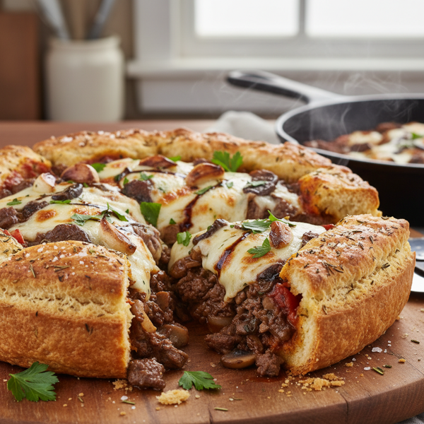Savory Biscuit Crust Beef & Mushroom Delight Pizza recipe