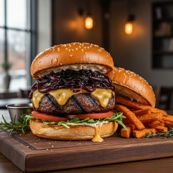 Savory Bison Burgers with Cabernet-Infused Caramelized Onions and Wisconsin Cheddar recipe