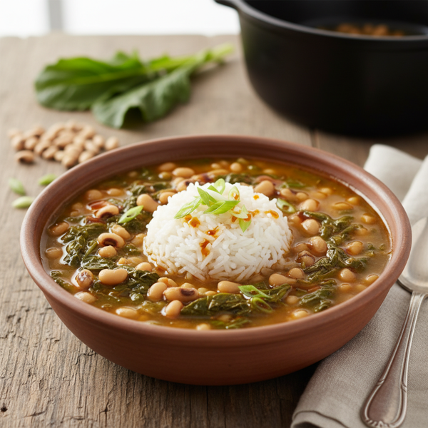 Savory Black-Eyed Pea and Mustard Greens Soup with Rice recipe