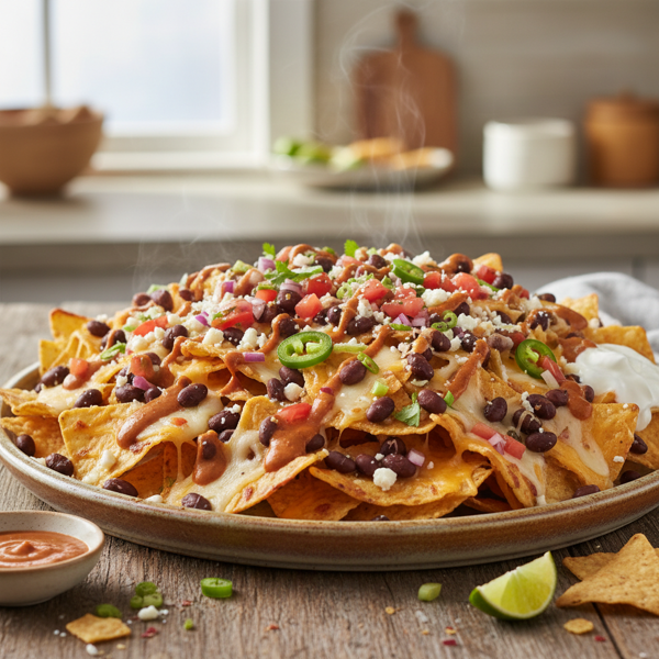 Savory Black Bean Nachos with Spicy Chipotle Drizzle recipe