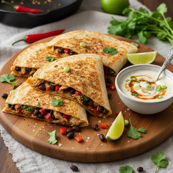Savory Black Bean and Chicken Quesadillas with Creamy Chili Dipping Sauce recipe