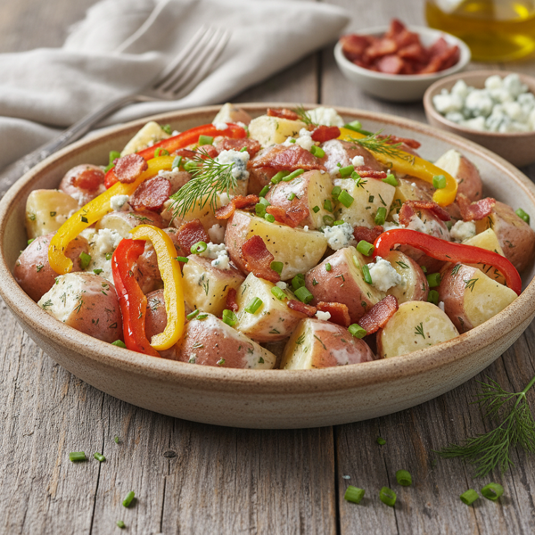 Savory Blue Cheese Potato Salad with Crispy Bacon and Peppers recipe