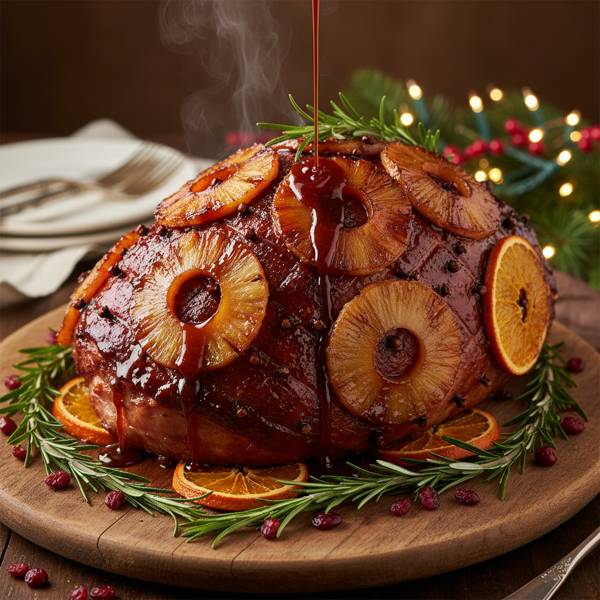 Savory Bourbon-Glazed Pineapple and Orange Holiday Ham recipe