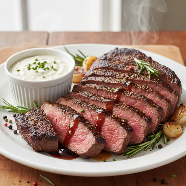Savory Bourbon-Spiced Flank Steak with Creamy Horseradish Sauce recipe