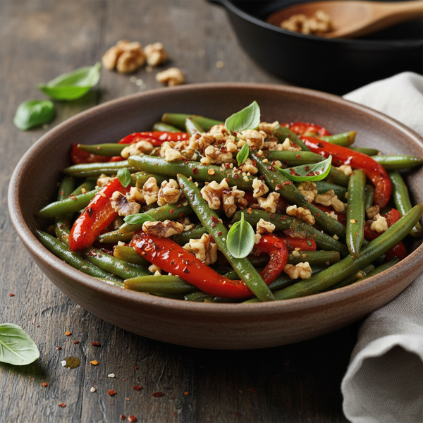 Savory Braised Green Beans with Roasted Red Bell Peppers and Crunchy Walnuts recipe