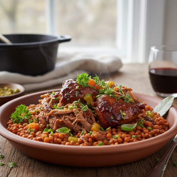 Savory Braised Pork with Red Lentils and Garden Aromatics recipe