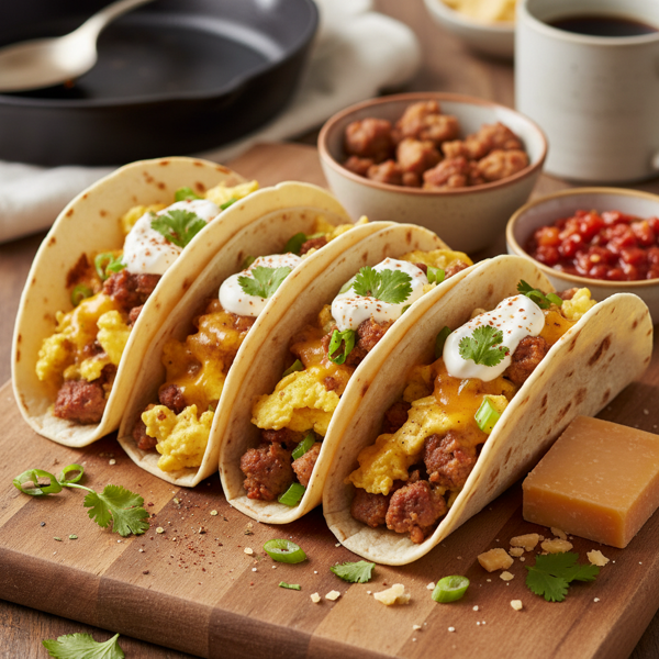 Savory Breakfast Soft Tacos with Creamy Sausage & Cheddar recipe
