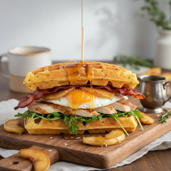 Savory Breakfast Waffle Club with Caramelized Apples and Honey Drizzle recipe