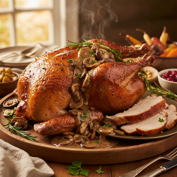 Savory Brown Sugar-Glazed Turkey with Rich Mushroom and Shallot Gravy recipe