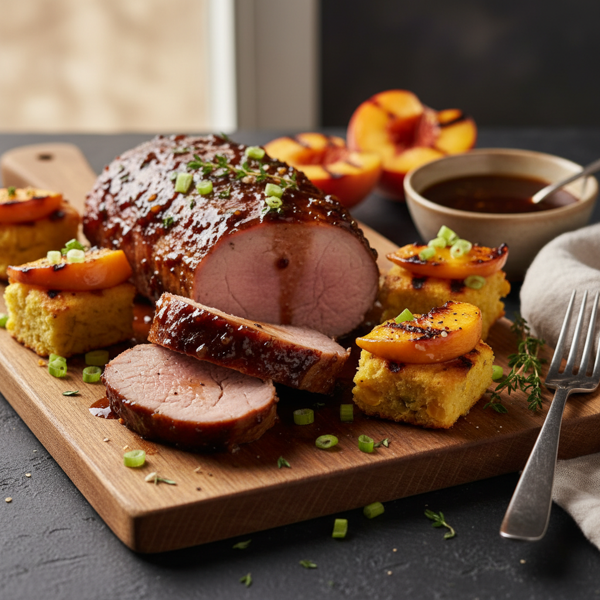 Savory Brown Sugar Bourbon Glazed Pork Tenderloin with Grilled Peach Cornbread Bites recipe