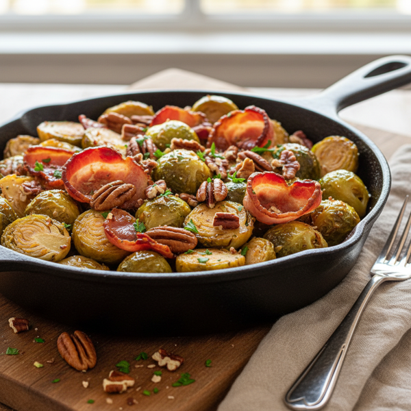 Savory Brussels Sprouts with Crispy Bacon and Toasted Pecans recipe
