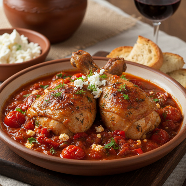 Savory Bulgarian Braised Chicken with Sherry Tomato Sauce recipe