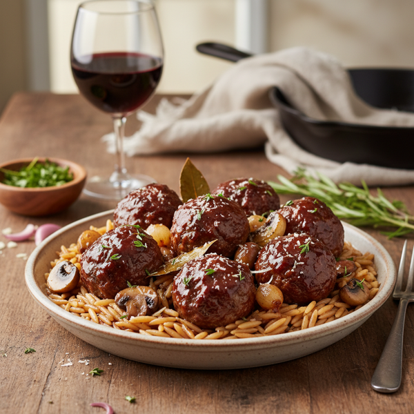 Savory Burgundy Meatballs with Orzo recipe