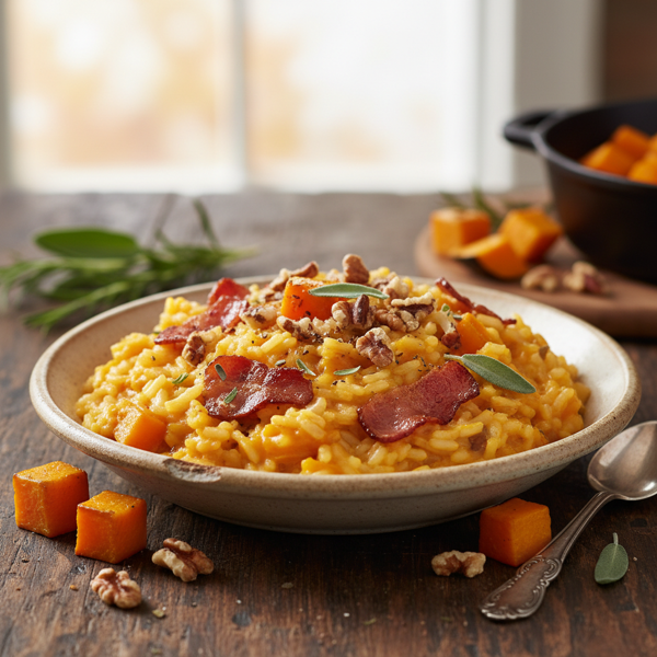 Savory Butternut Squash & Bacon Risotto with Toasted Nuts recipe
